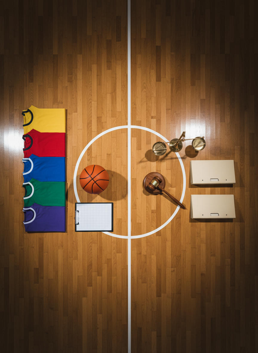 A photographic, overhead view of a professional indoor basketball court divided visually into two halves: on one side, a neatly arranged cluster of colorful team jerseys, a basketball, and a clipboard with a blank tactic board; on the other, a tidy arrangement of a judge's wooden gavel, balanced scales, and a stack of plain folders.