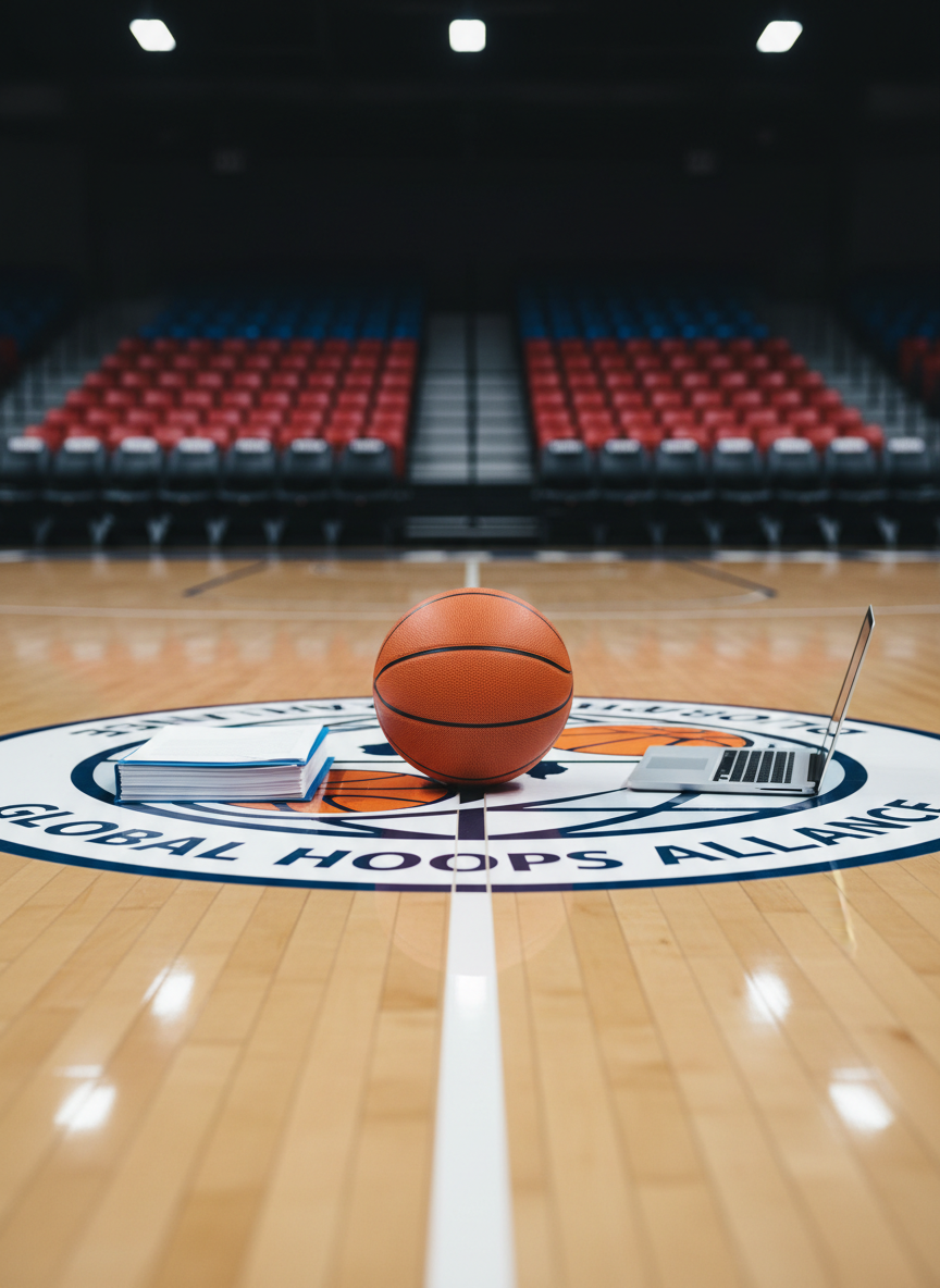 A close-up, photographic image of a regulation orange basketball resting precisely on the center-court logo of a professional indoor arena, with a neat stack of legal documents and a closed laptop placed symmetrically beside it.
