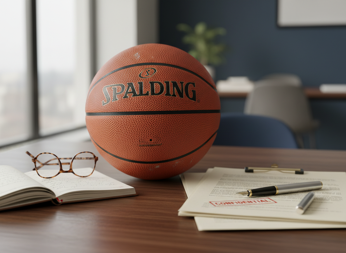 Close-up of a basketball resting on a polished wooden desk beside legal documents, a fountain pen, and reading glasses in a refined modern office