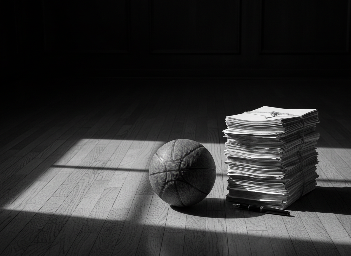 A basketball beside legal documents symbolizing basketball arbitration and sports law